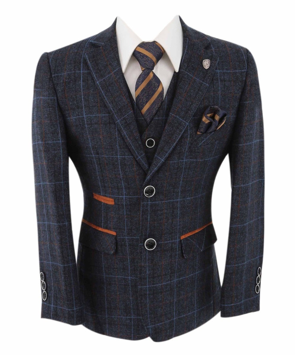 Boys Tailored Fit Retro Check Suit - ANTHONY NAVY