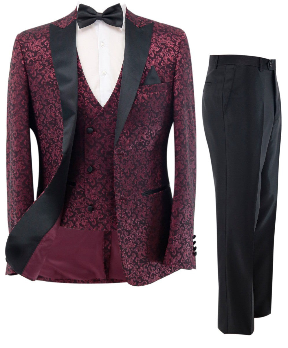 Men's Patterned Shimmer Tuxedo Suit - AARON - Burgundy
