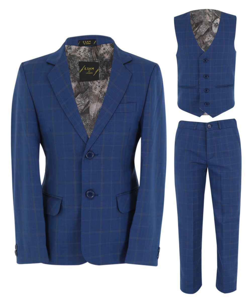 Boys Windowpane Check 6 Piece Suit Set - Navy