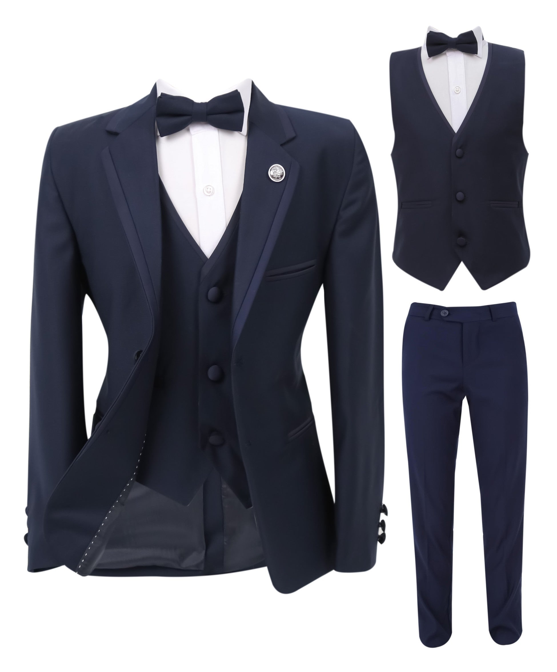 Boys Slim Fit Piping Tuxedo Dinner Suit Set - Navy Blue