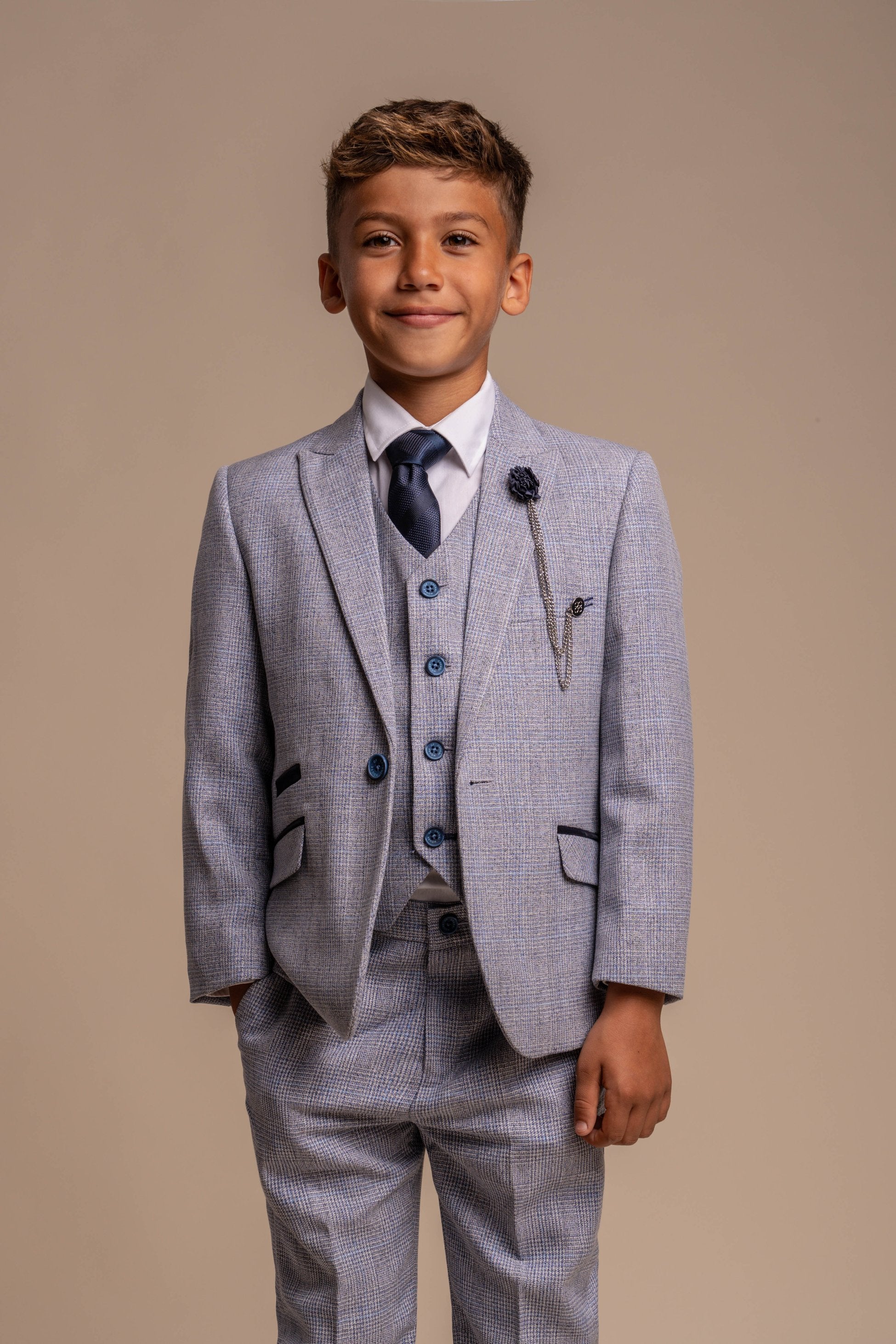 Boys Tweed Houndstooth Check Slim Fit Suit - CARIDI - Blue