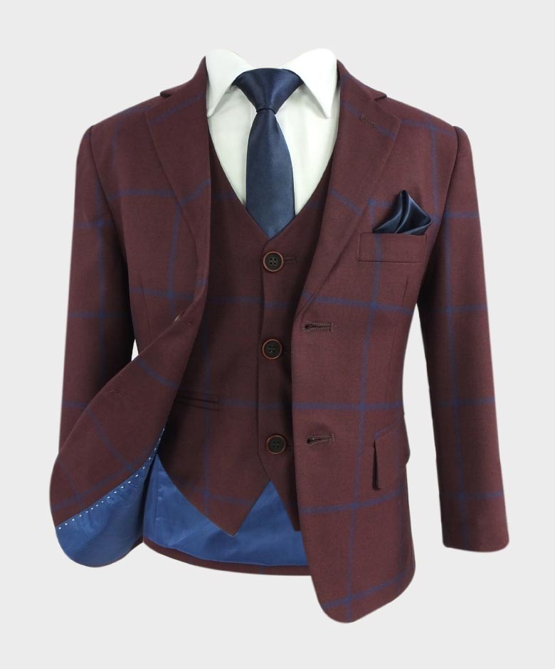Boys 6 Piece Tailored Fit Windowpane Check Suit - Burgundy