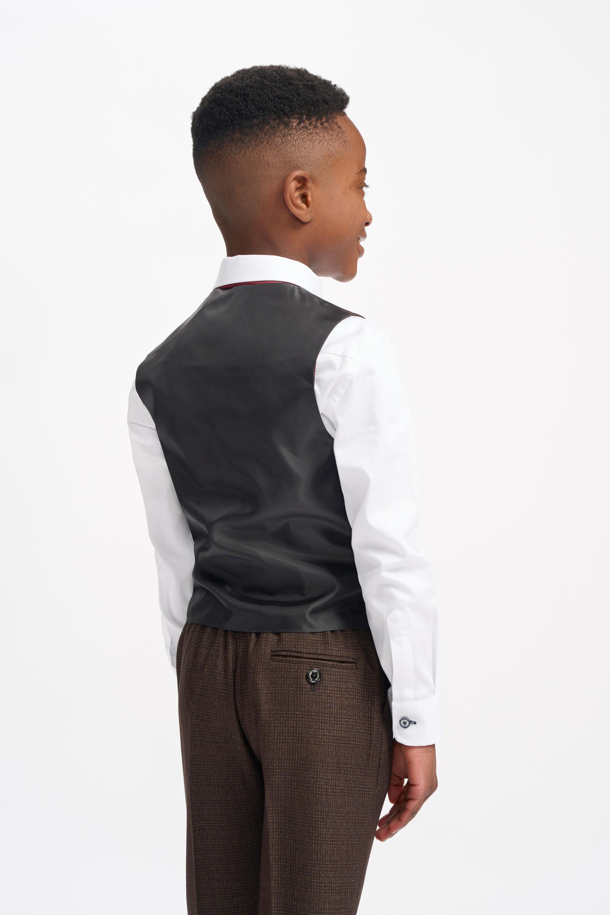 Boys Slim Fit Tweed Check Suit - CARIDI - Brown