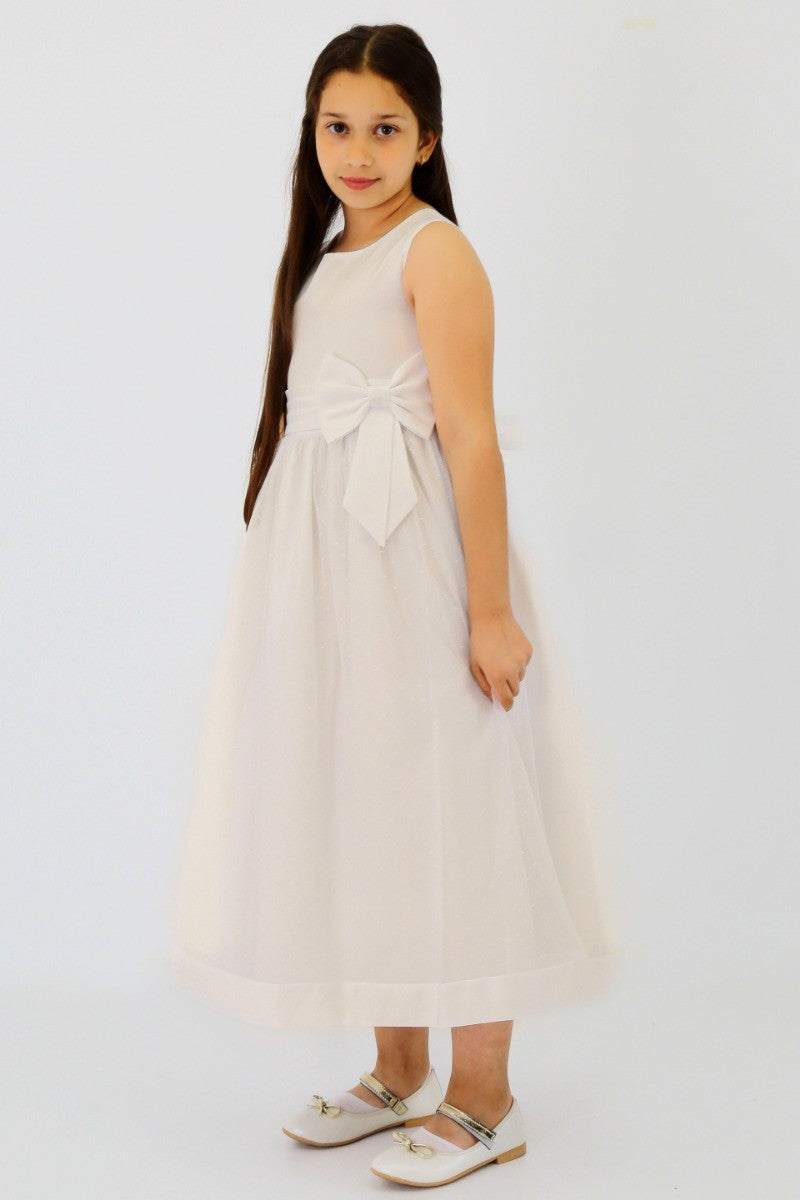 Girls White Cap Sleeve Crystal Tulle Bead Adorned Communion Dress 2-16