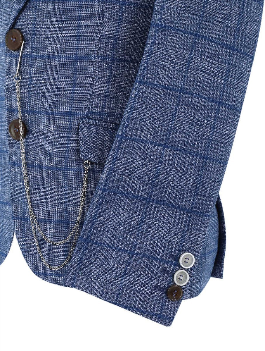 Boys Slim Fit Windowpane Check Suit - Blue