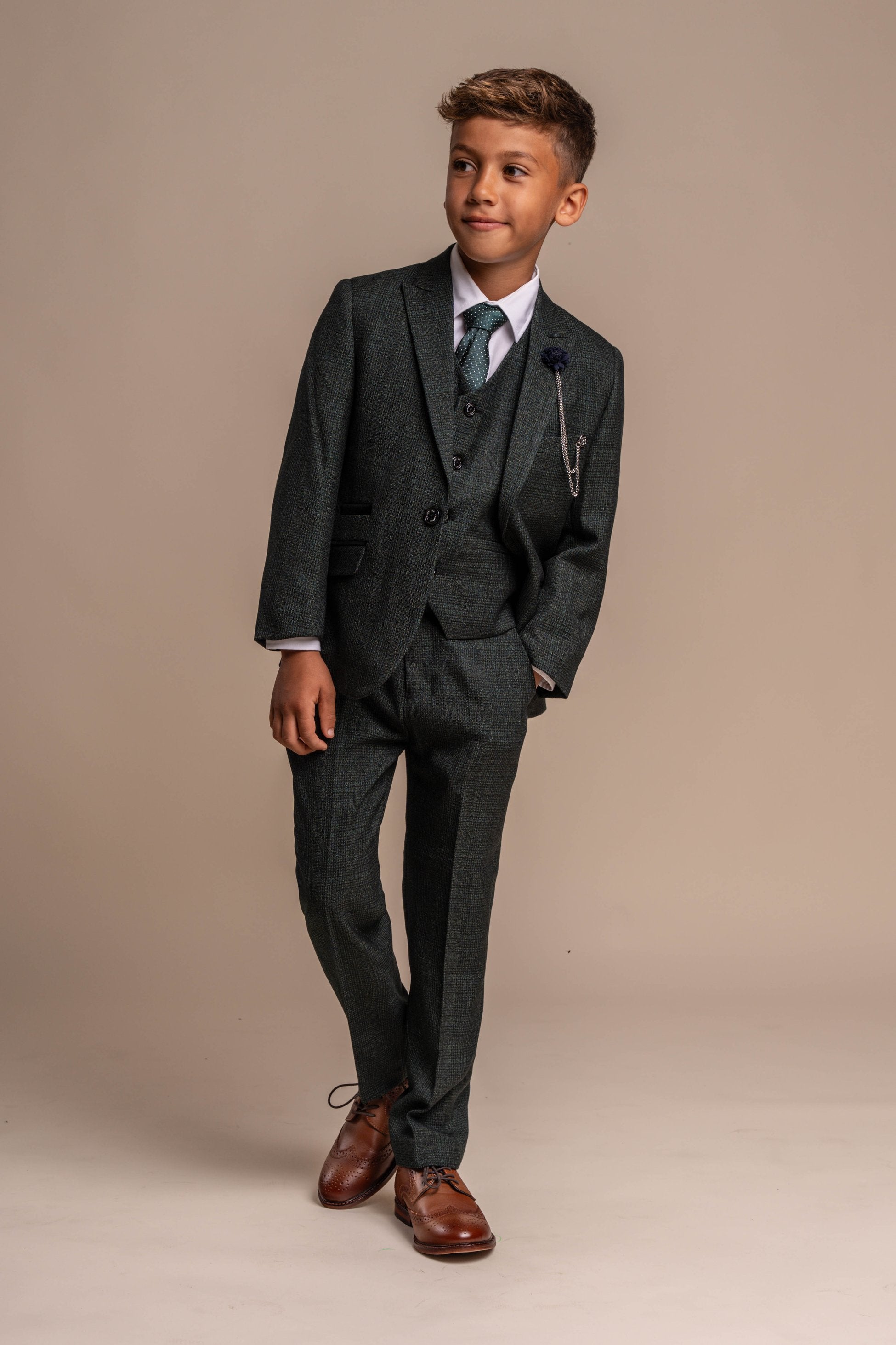 Boys Tweed Houndstooth Check Slim Fit Suit - CARIDI - Olive Green