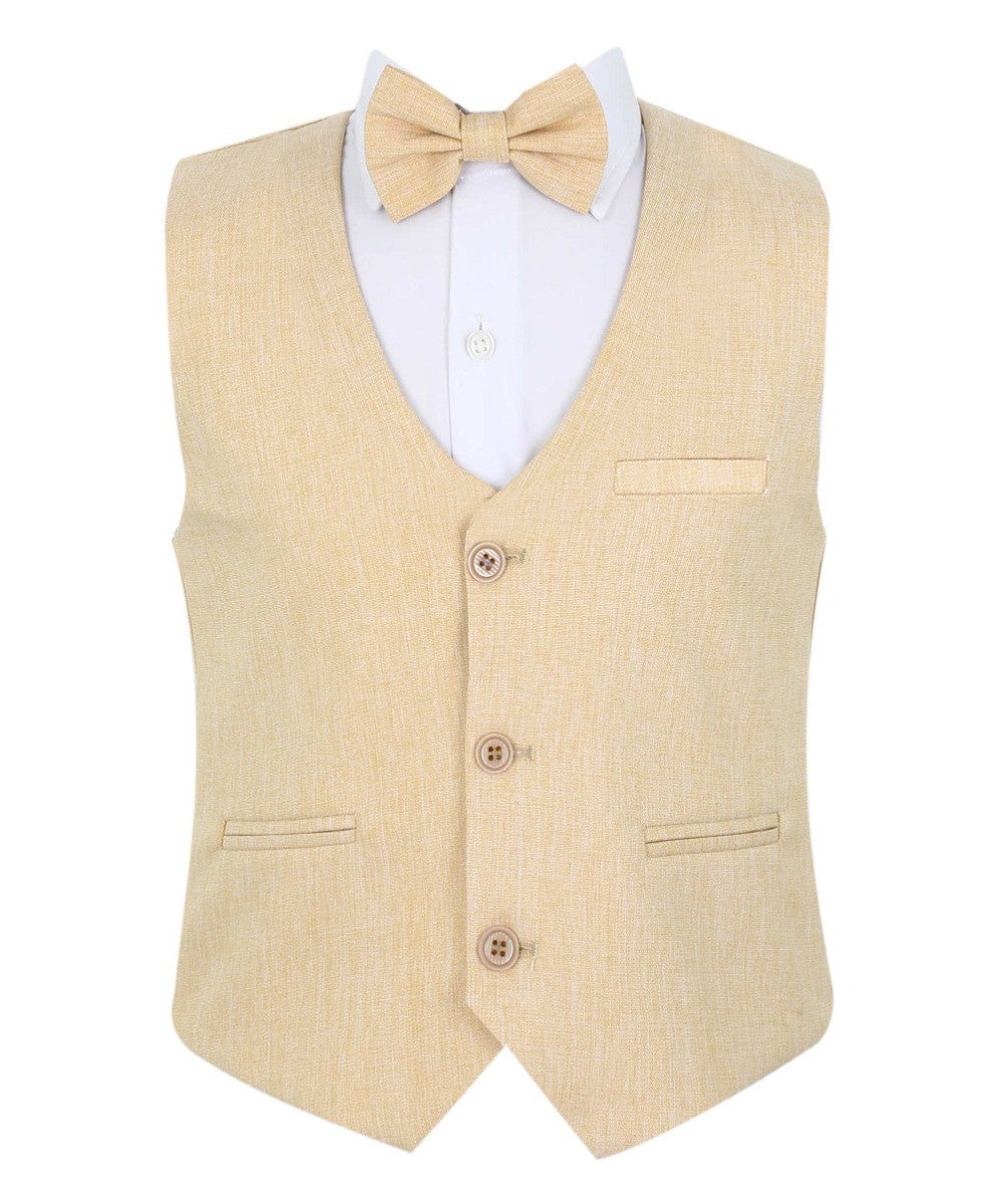Baby Boys Cotton Linen Waistcoat Suit Set 3 Piece - Gold