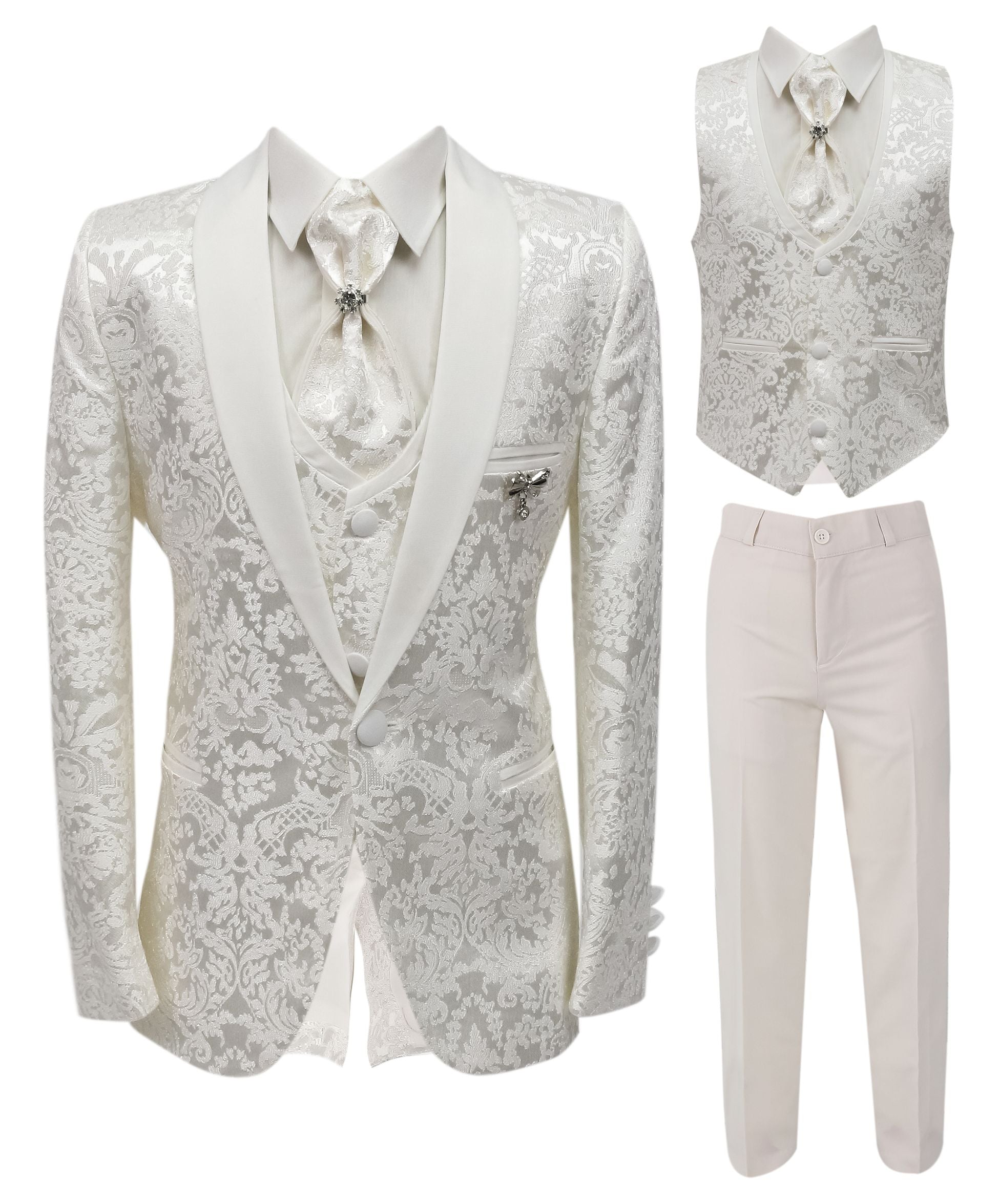 Boys 5-Piece Paisley Jacquard Communion Tuxedo Suit - Ivory