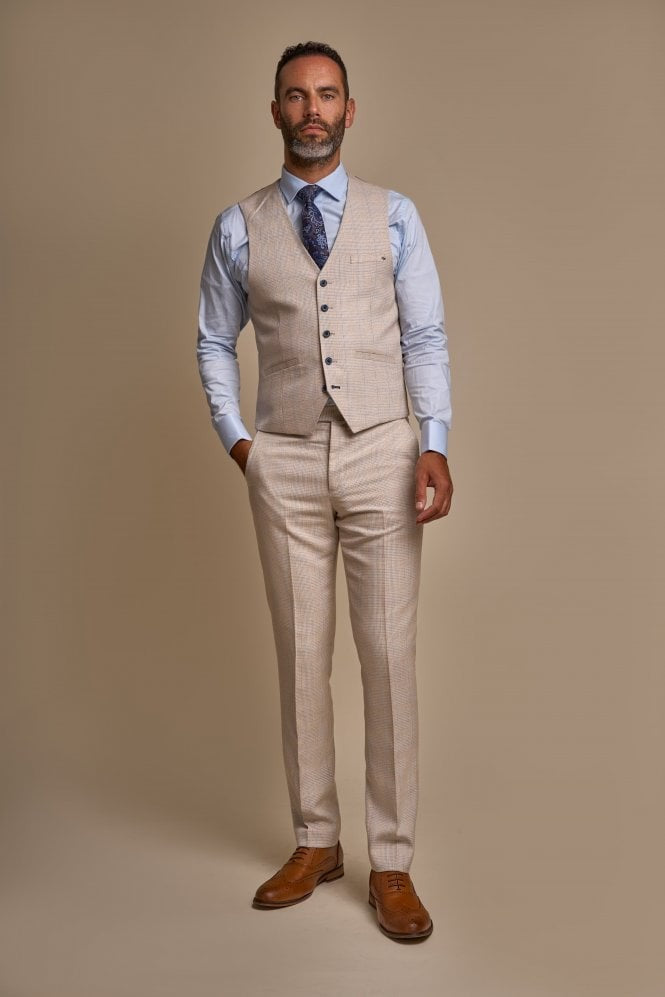 Men's Slim Fit Houndstooth Tweed Check Suit 3-Piece - CARIDI - Beige
