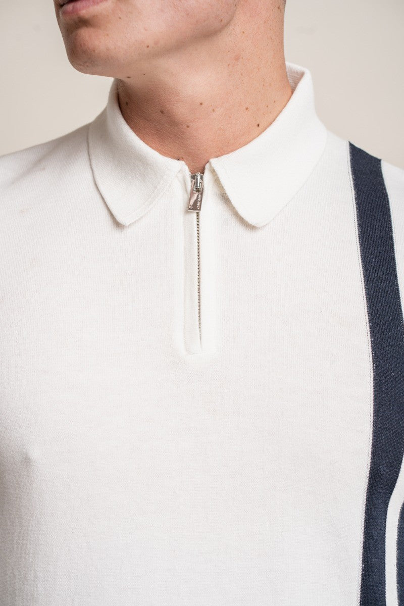 Men's Cotton Polo Side Stripe Jumper- DIABLO - Ecru