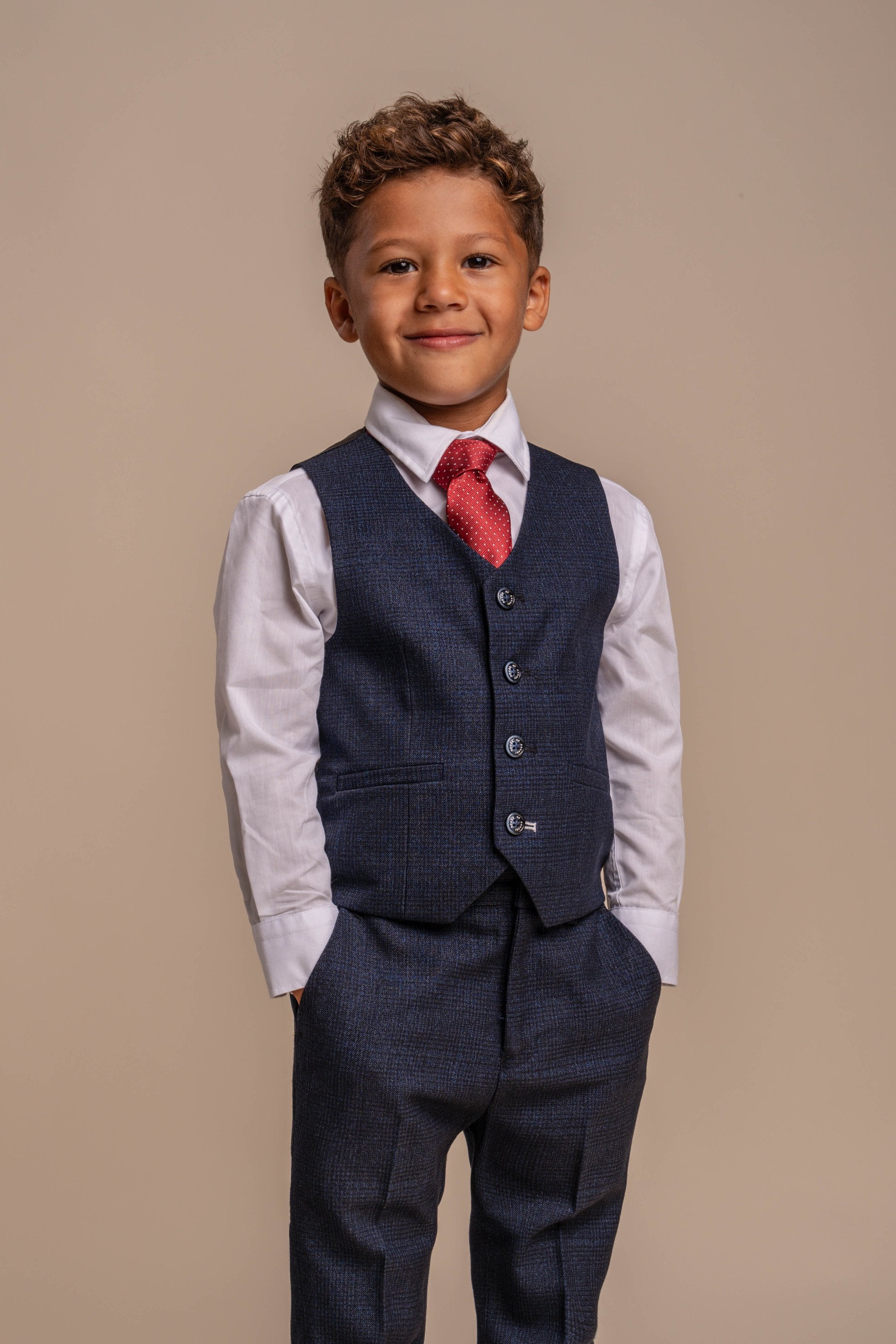 Boys Tweed Houndstooth Check Slim Fit Suit - CARIDI - Navy Blue