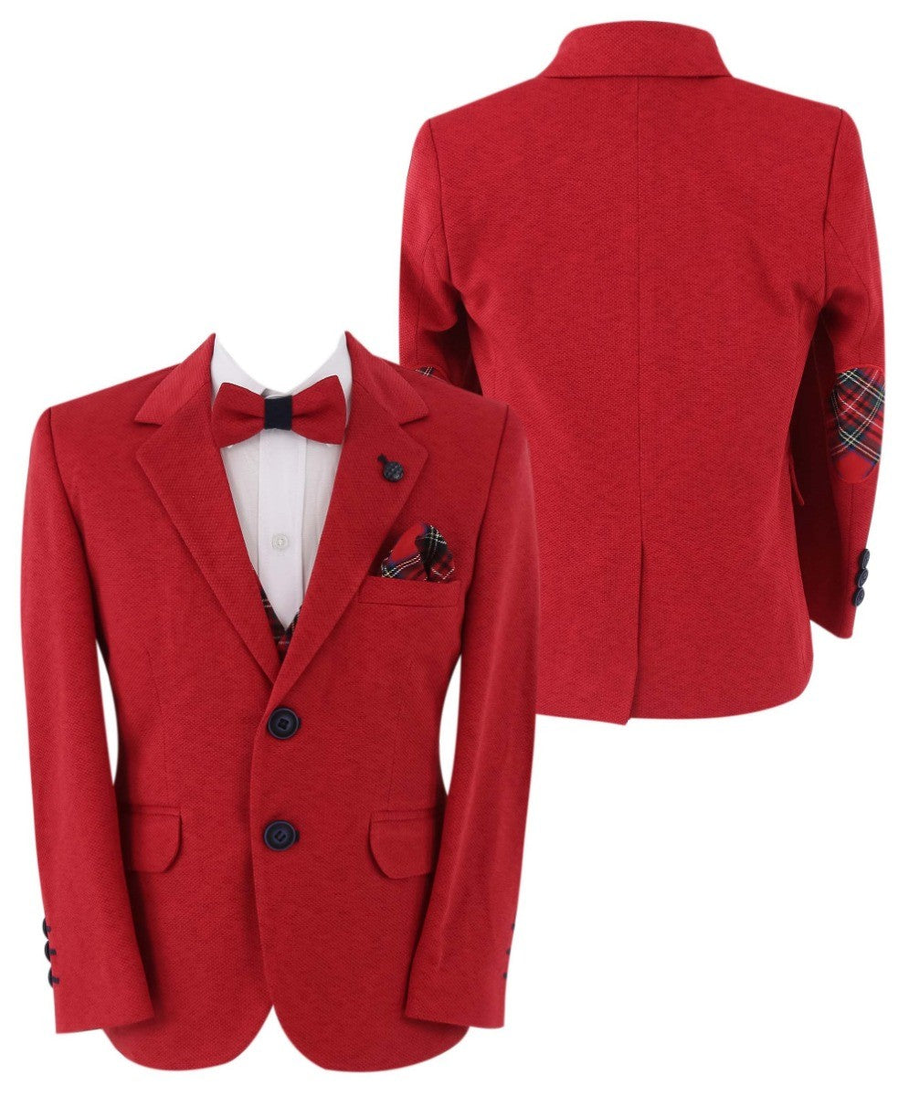 Boys Slim Fit Suit With Tartar check Waistcoat Set - Red