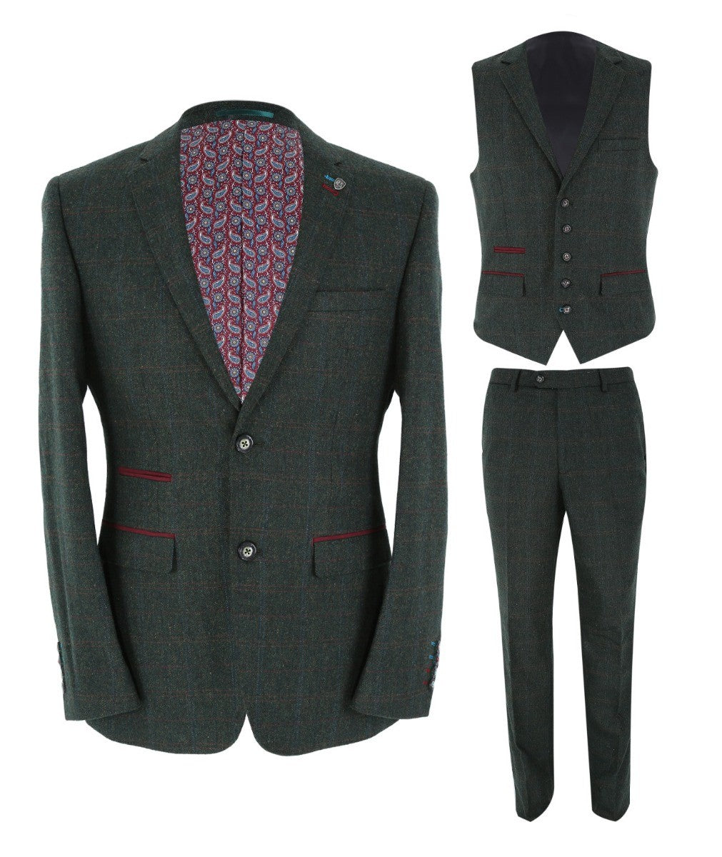 Men's Tweed Check Tailored Fit Suit - JOSHUA - Dark Green