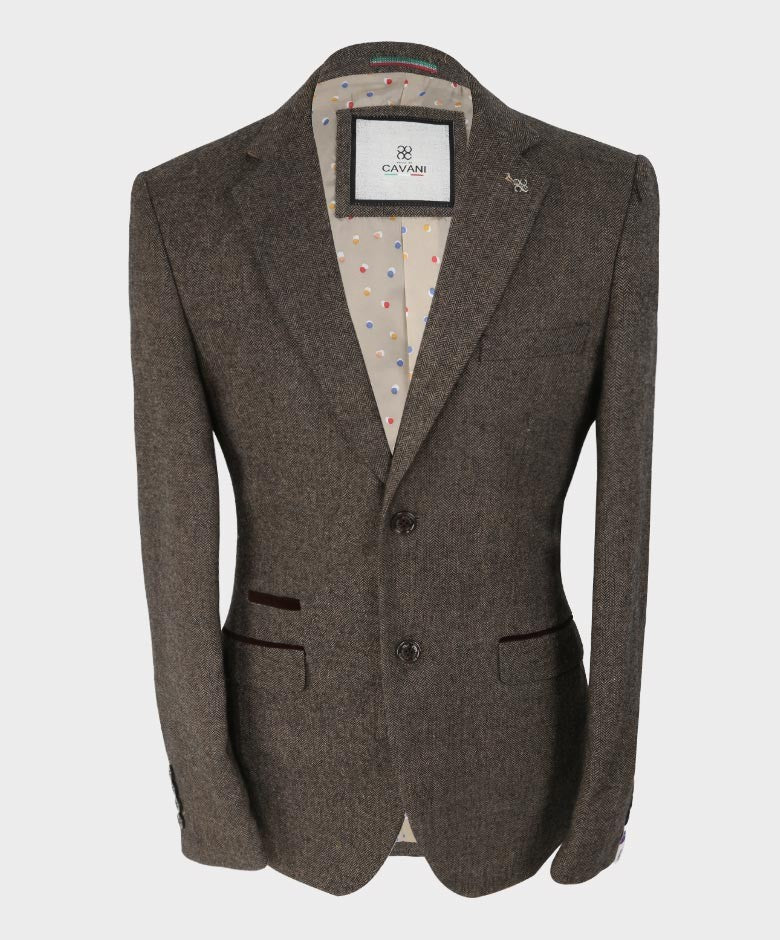 Men's Herringbone Tweed Slim Fit Suit Jacket - MARTEZ - Brown