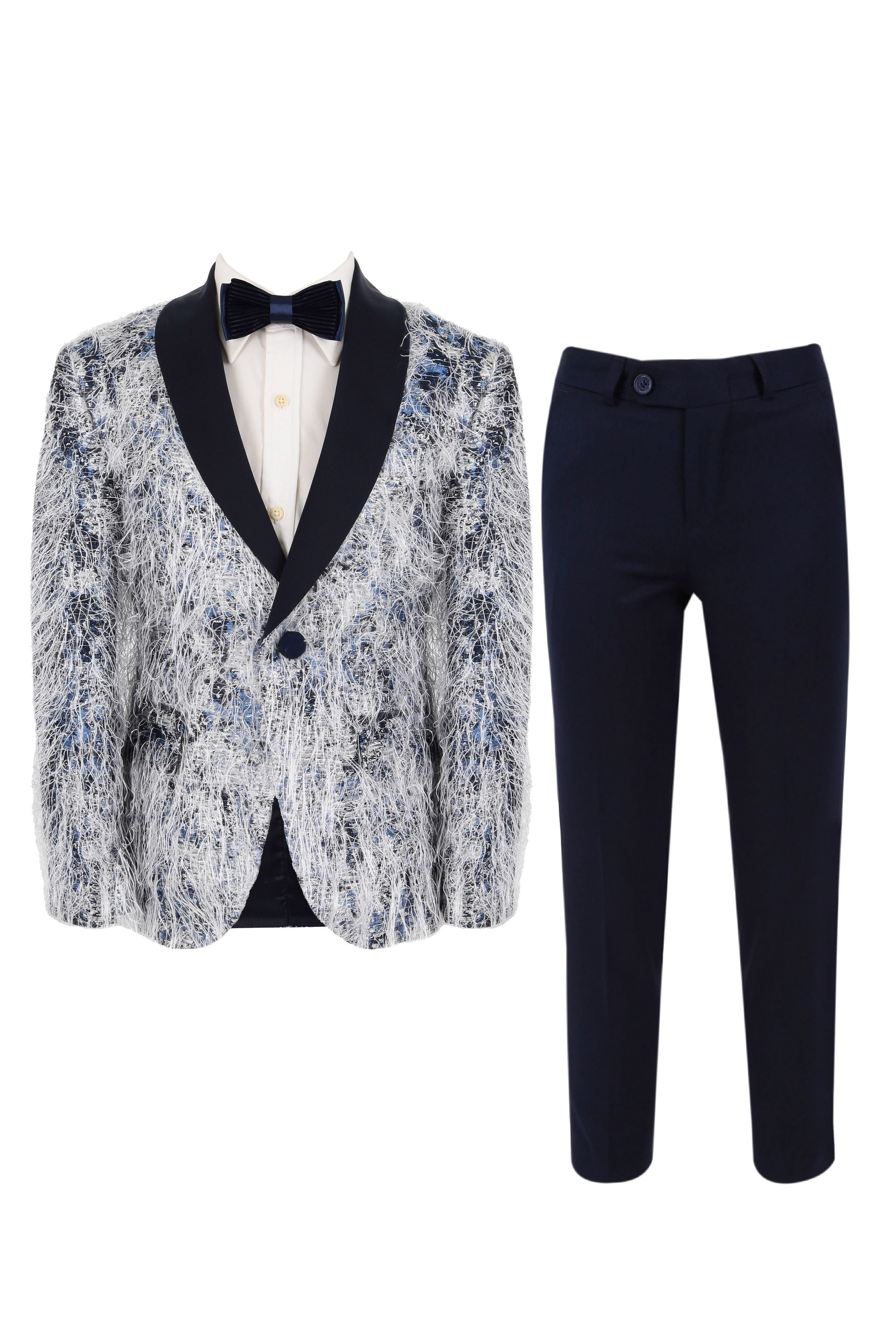 Boys Feathers Pattern Tuxedo Suit - Navy Blue