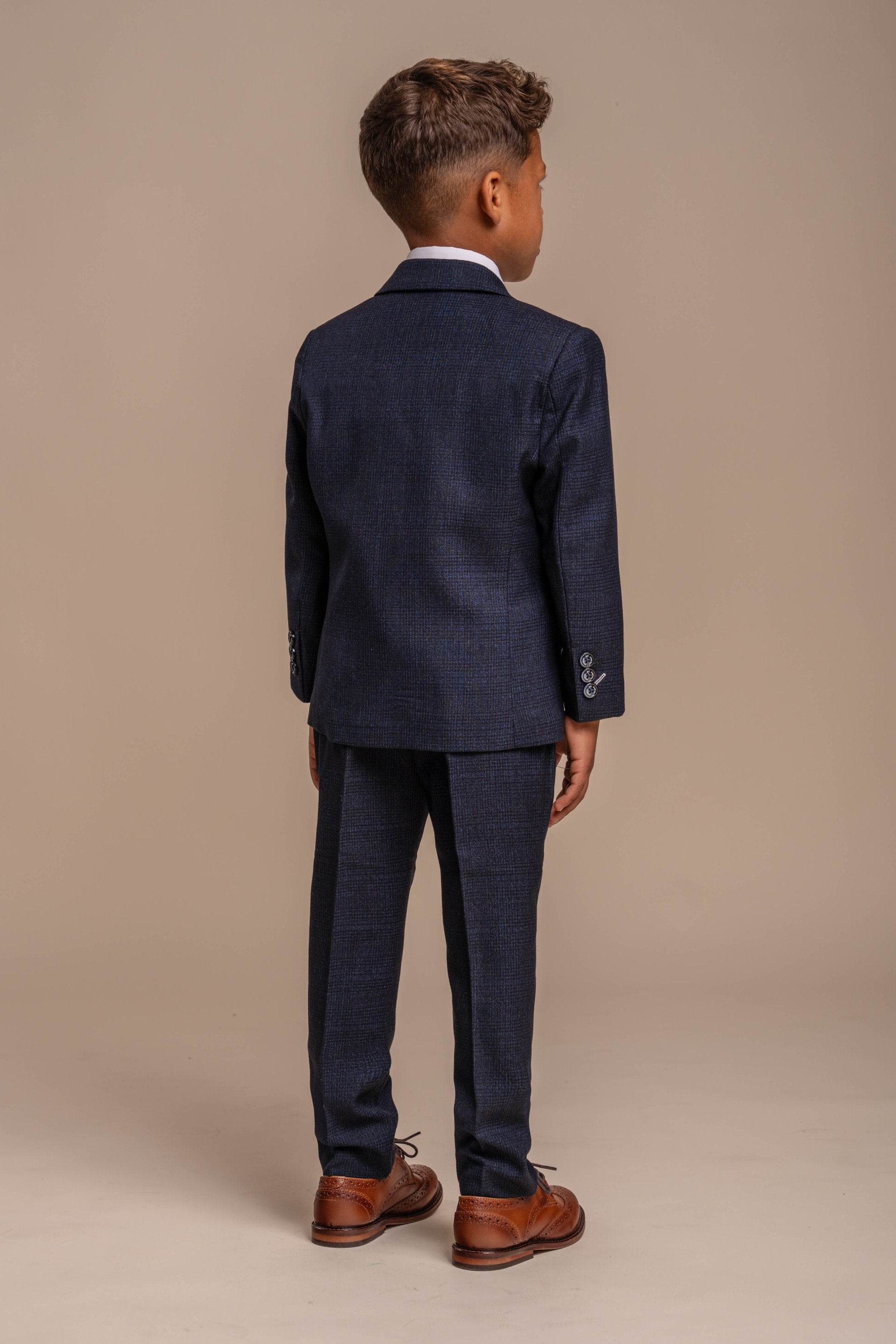 Boys Tweed Houndstooth Check Slim Fit Suit - CARIDI - Navy Blue