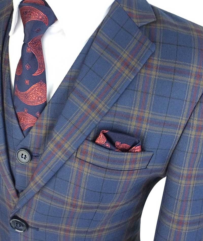 Boys Tailored Fit Retro Check Navy Suit - Navy Blue - Gold - Maroon