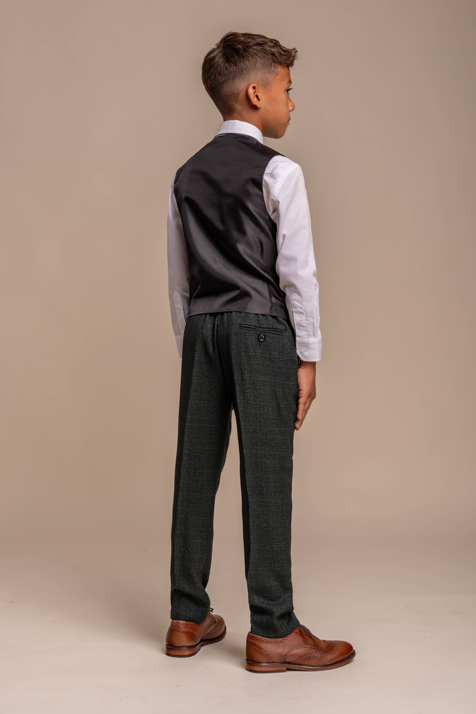 Boys Tweed Houndstooth Check Slim Fit Suit - CARIDI - Olive Green