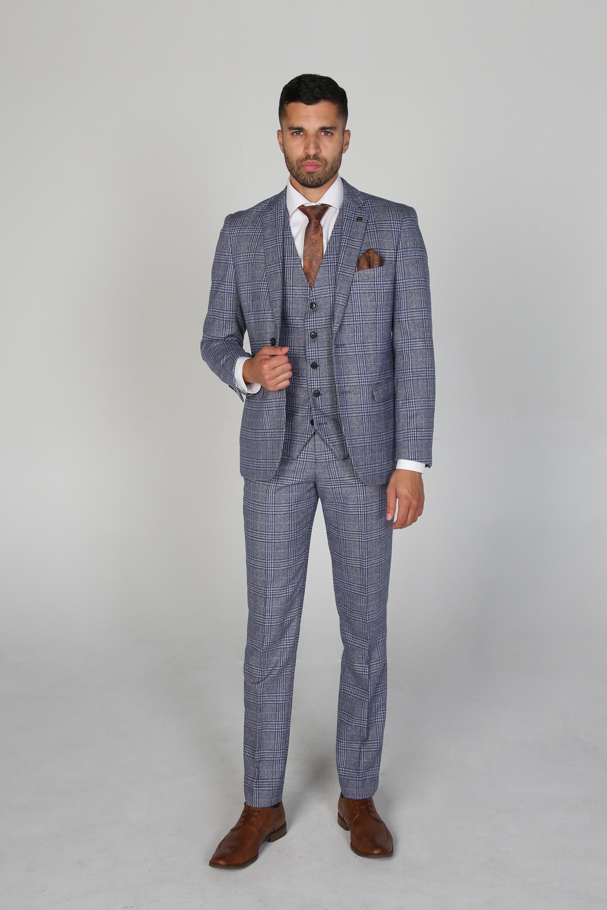 Men's Retro Check Tailored Fit Blue Suit - VICTOR - Blue