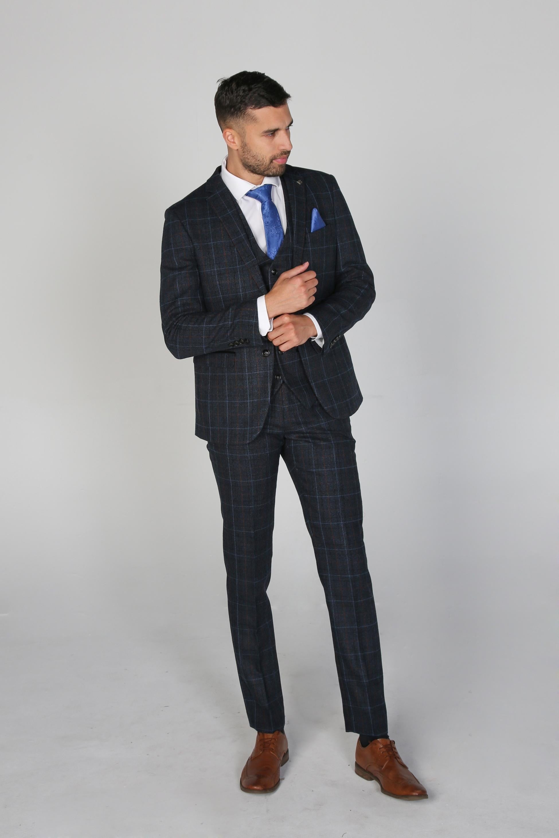 Men's Windowpane Tailored Fit Suit- HARVEY - Navy Blue