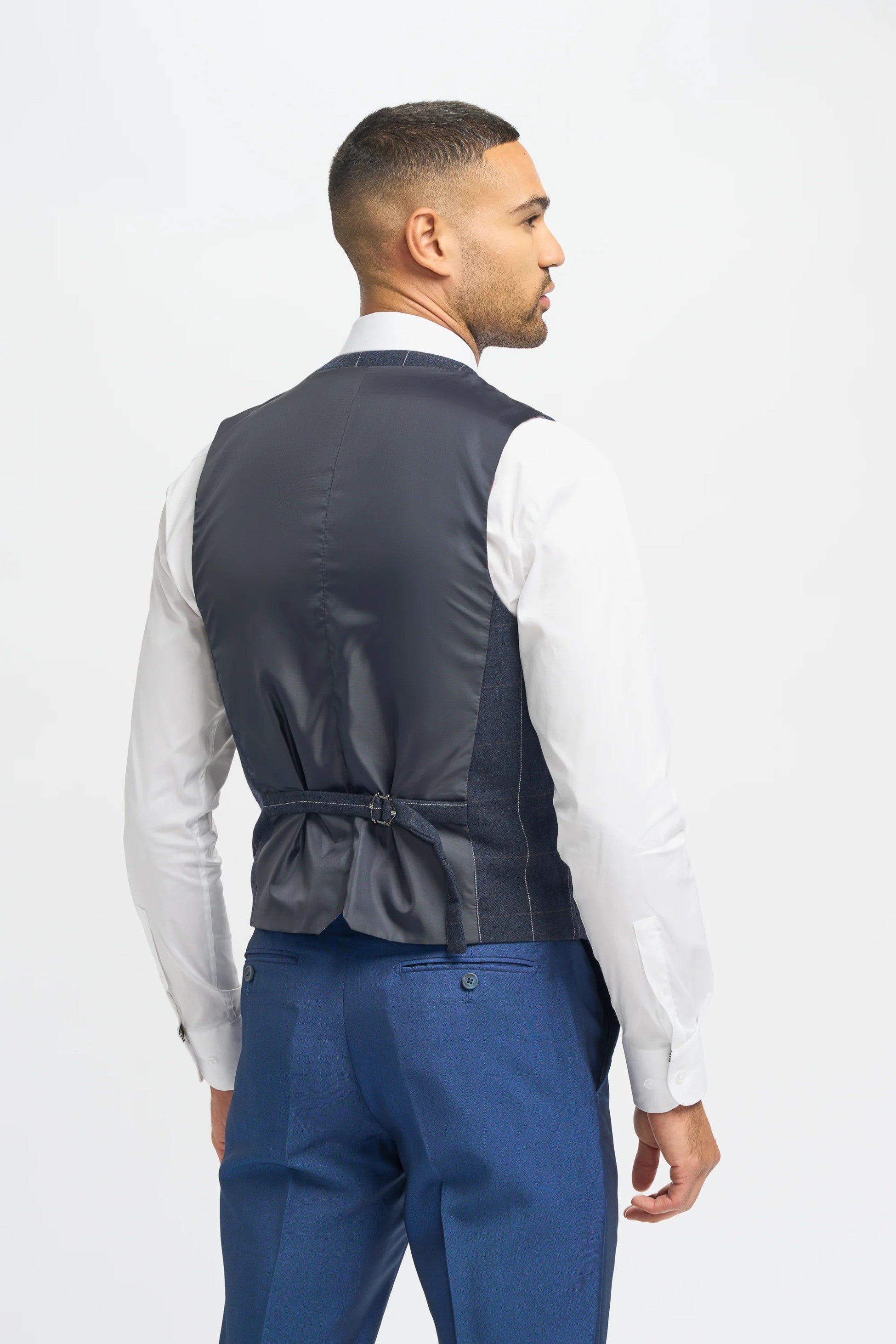 Men's Royal Blue Slim Fit 3-Piece Suit with Navy Blue Windowpane Check Tweed Waistcoat - Blue
