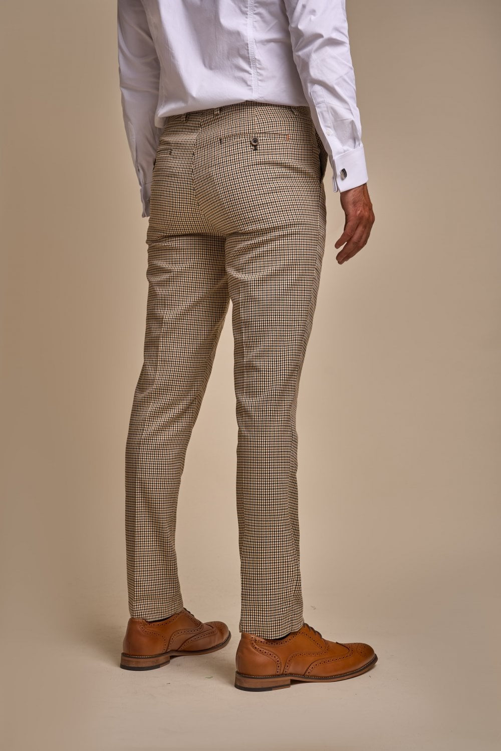 Men's Houndstooth Check Skinny Fit Suit - ELWOOD - Tan Beige