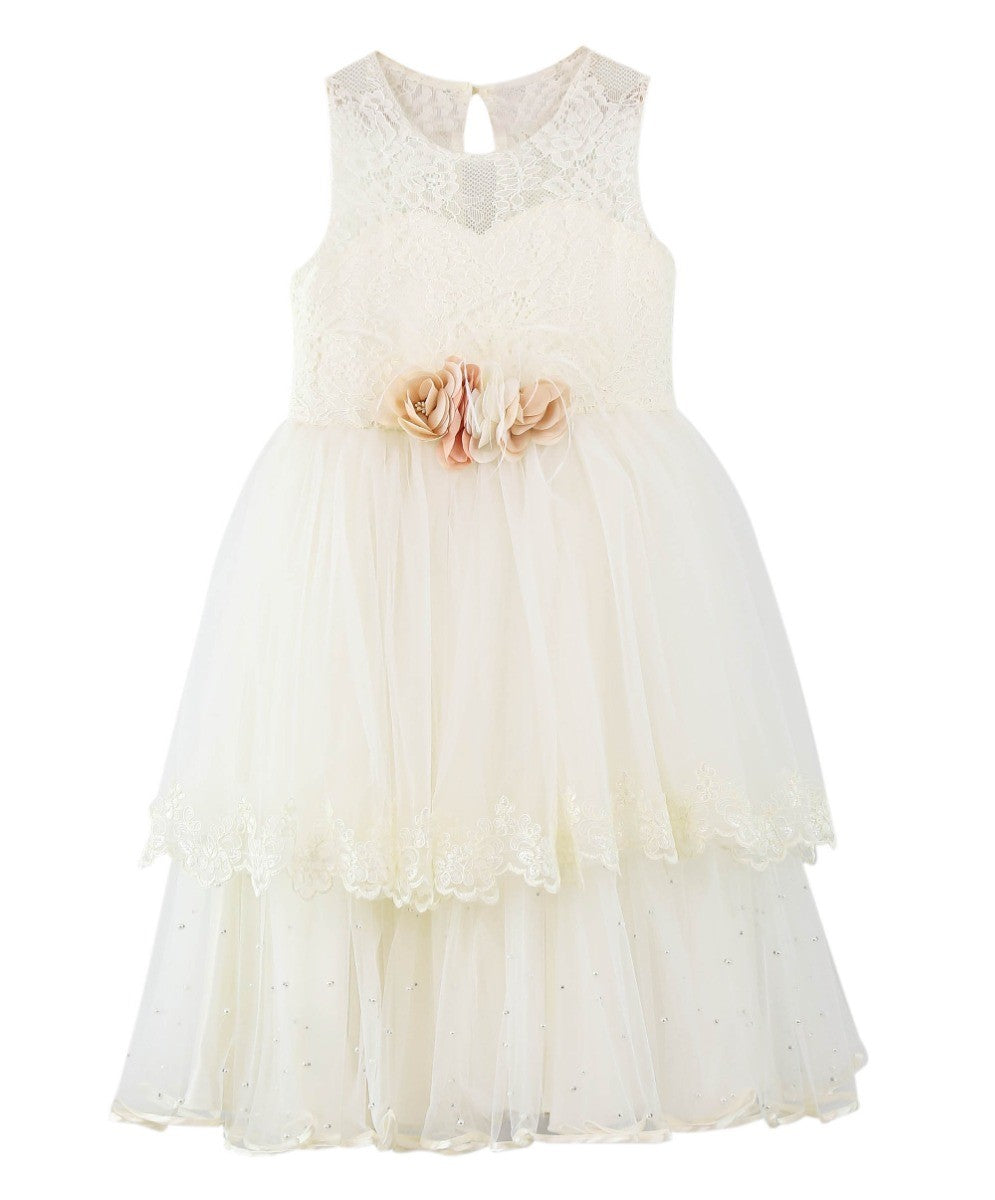 Girls Sleeveless Lace Dress Set - Ecru