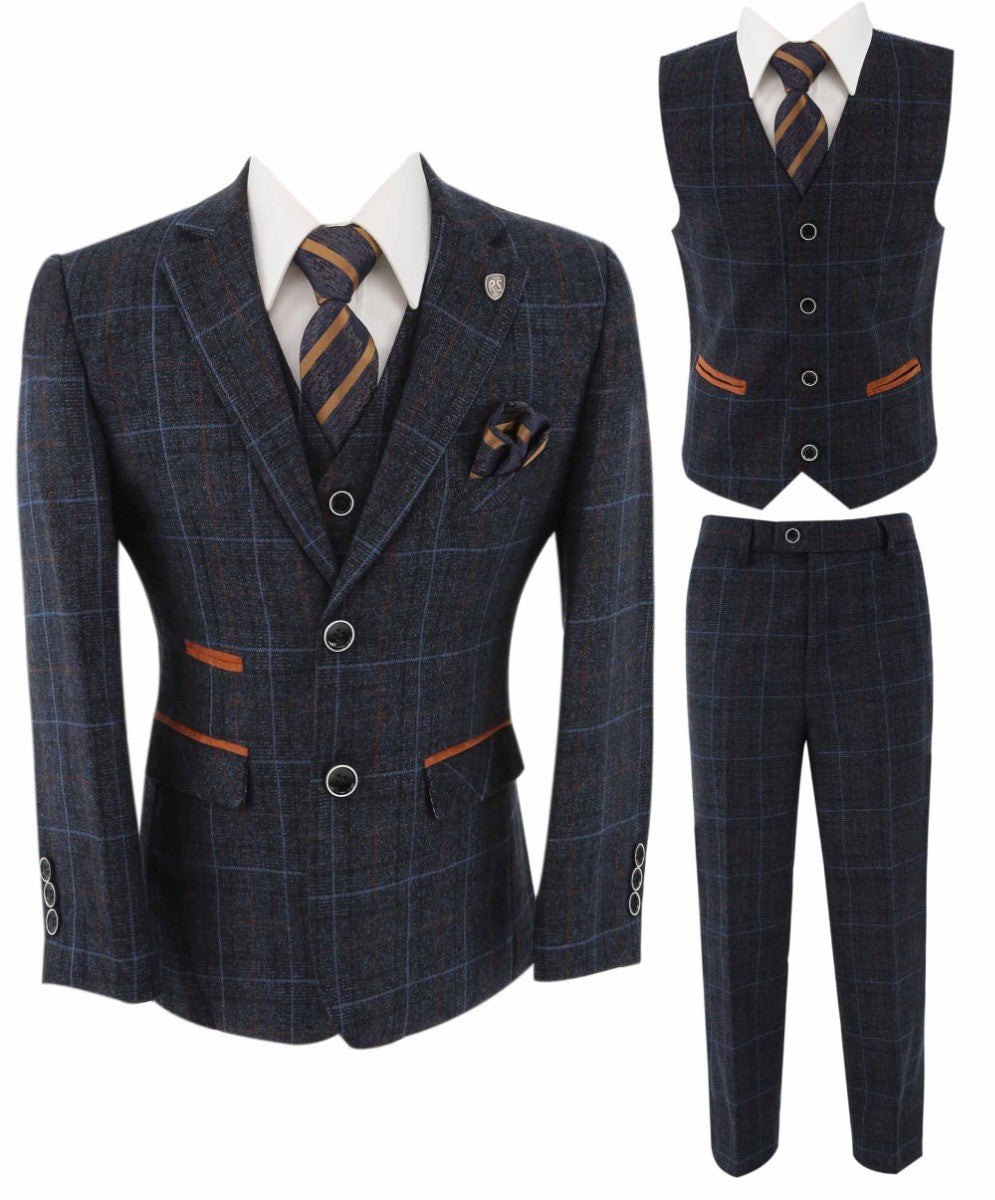 Boys Tailored Fit Retro Check Suit - ANTHONY NAVY
