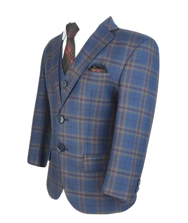 Boys Tailored Fit Retro Check Navy Suit - Navy Blue - Gold - Maroon