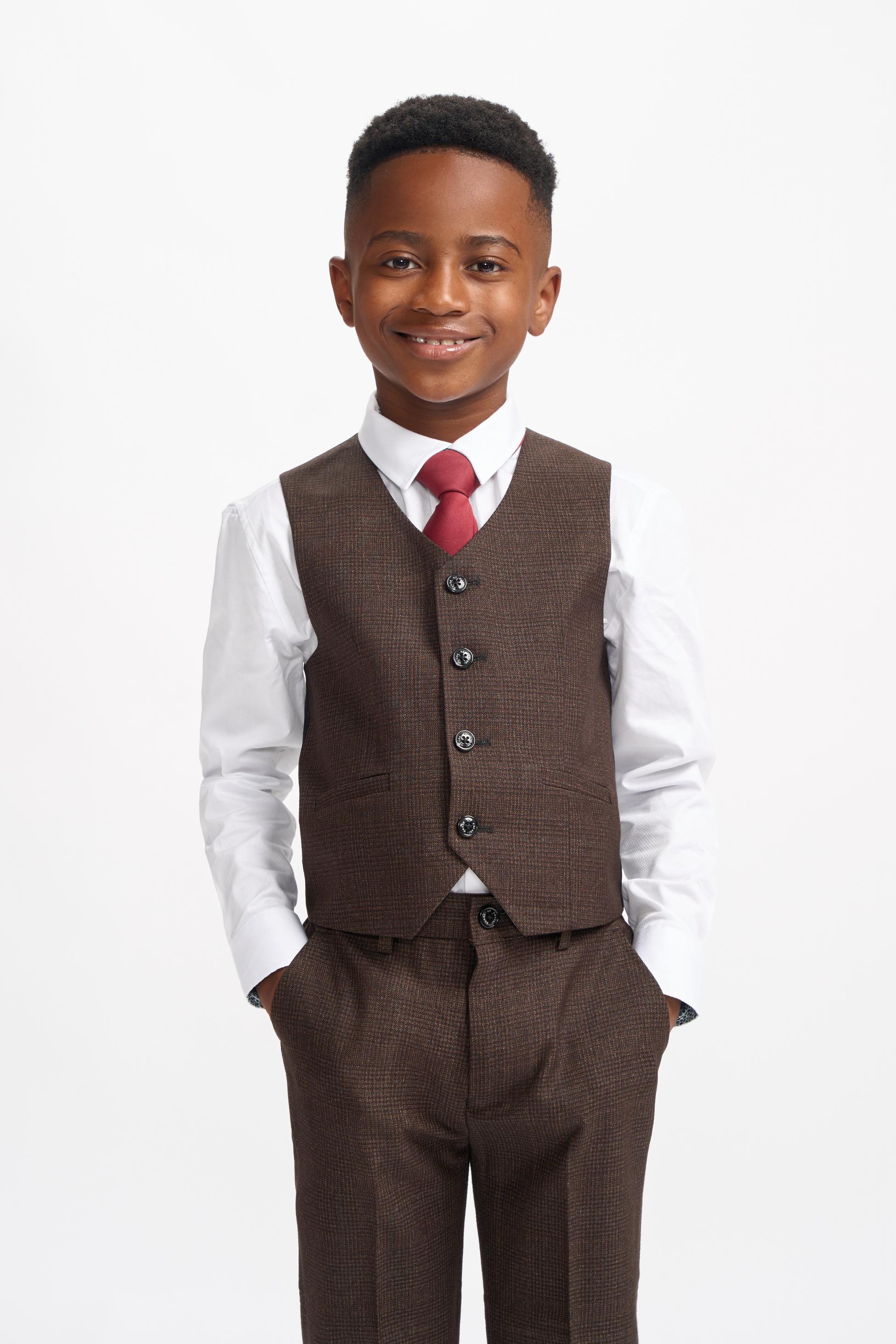 Boys Slim Fit Tweed Check Suit - CARIDI - Brown