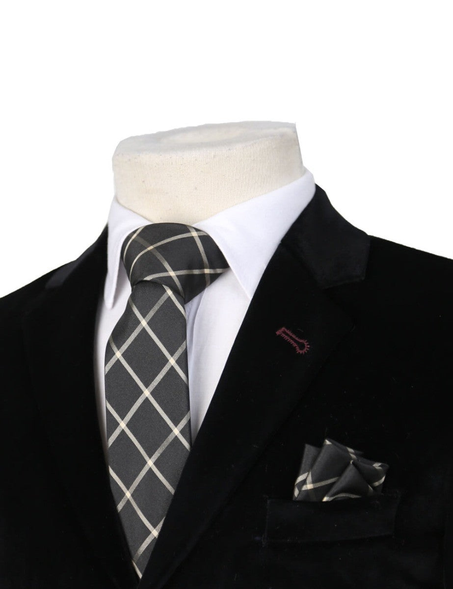 Boys Plaid Checkered Tie & Hankie Set Black and Gold