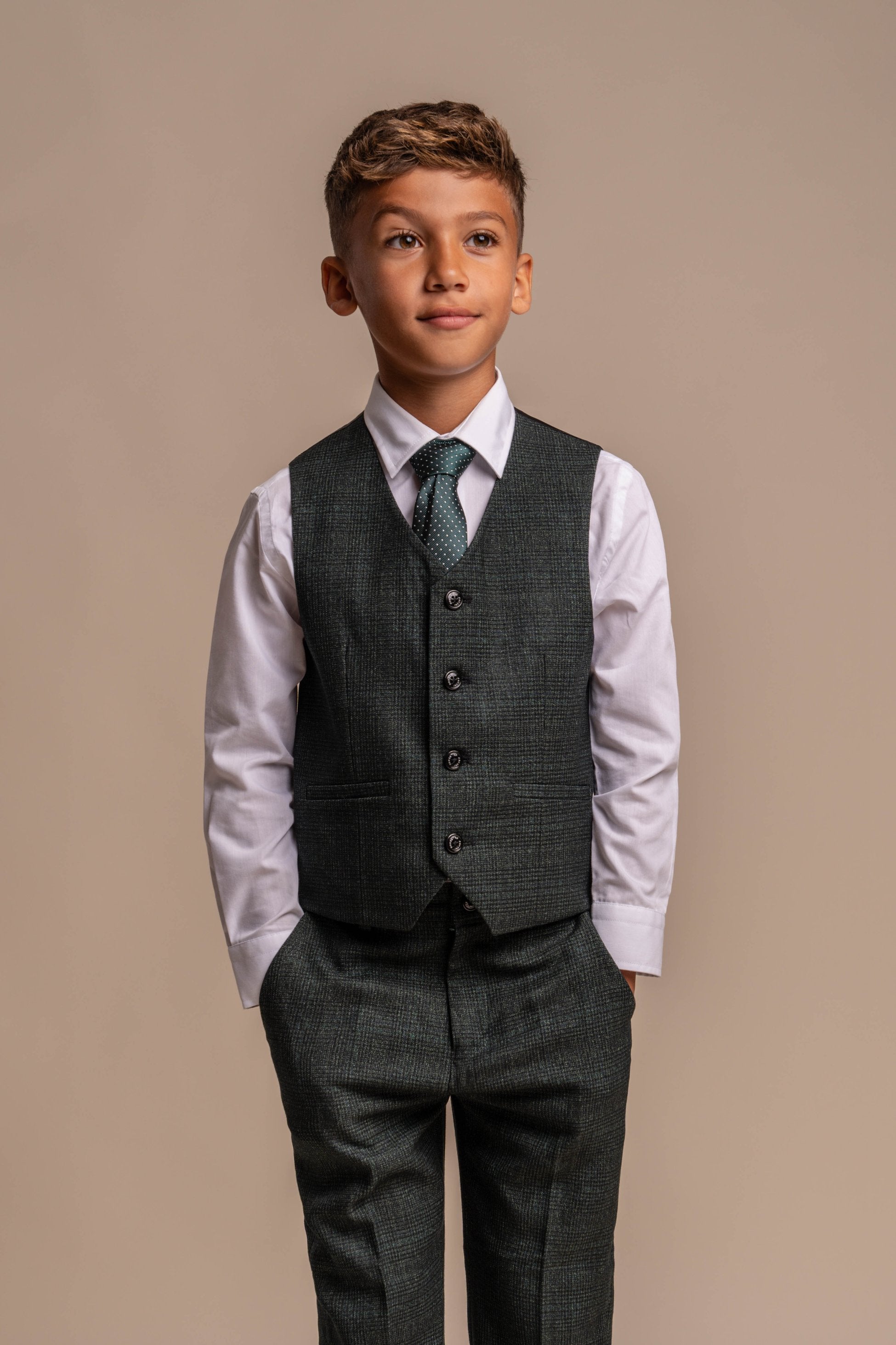 Boys Tweed Houndstooth Check Slim Fit Suit - CARIDI - Olive Green