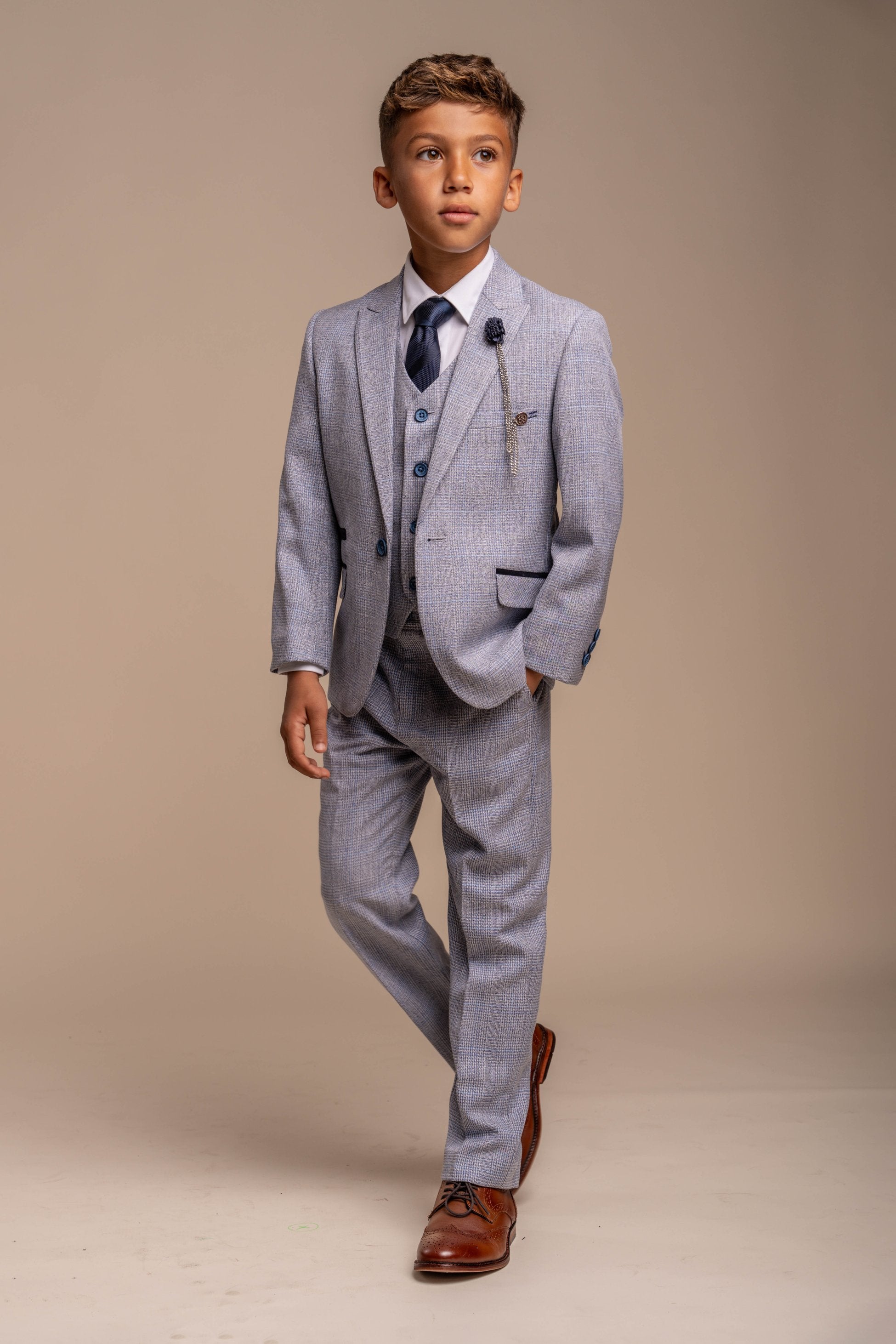 Boys Tweed Houndstooth Check Slim Fit Suit - CARIDI - Blue