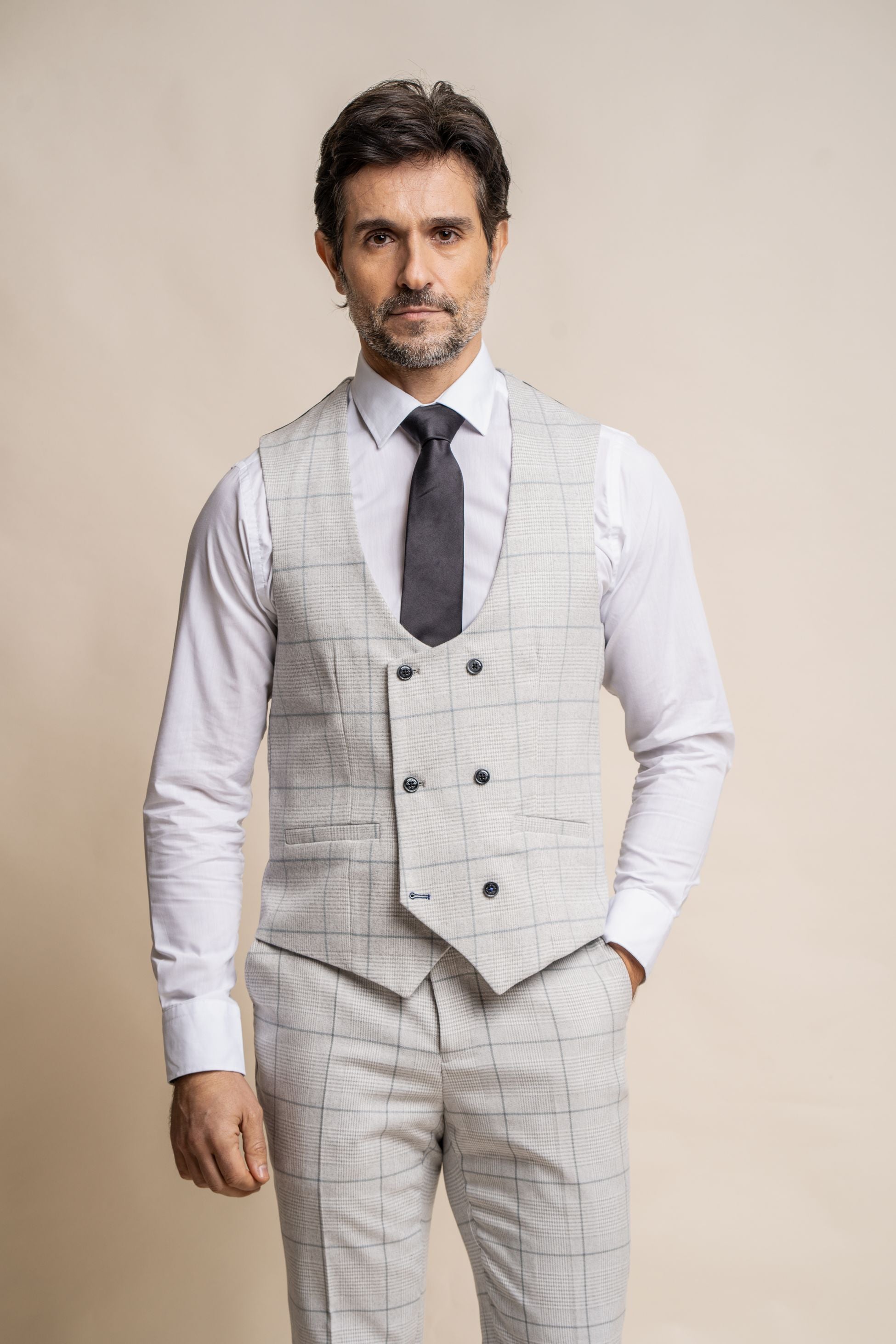 Men's Double Breasted Retro Check Grey Waistcoat - RADIKA - Light Grey