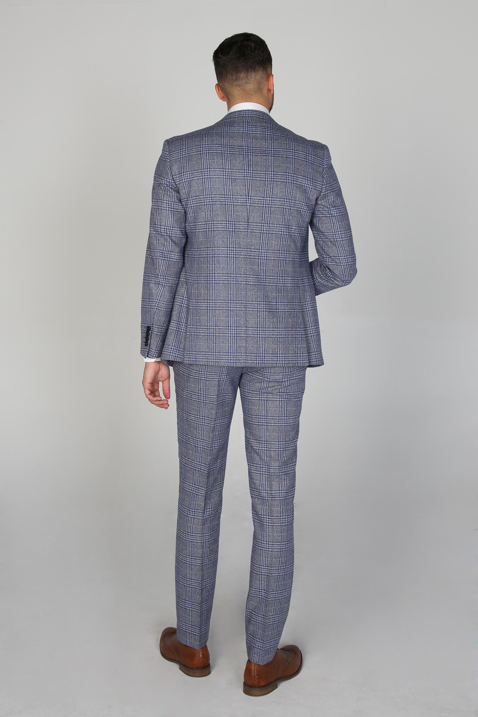 Men's Retro Check Tailored Fit Blue Suit - VICTOR - Blue