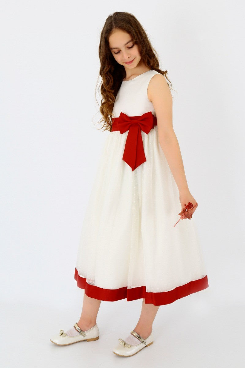 Girls Sleeveless Tulle Communion Dress - White - Red