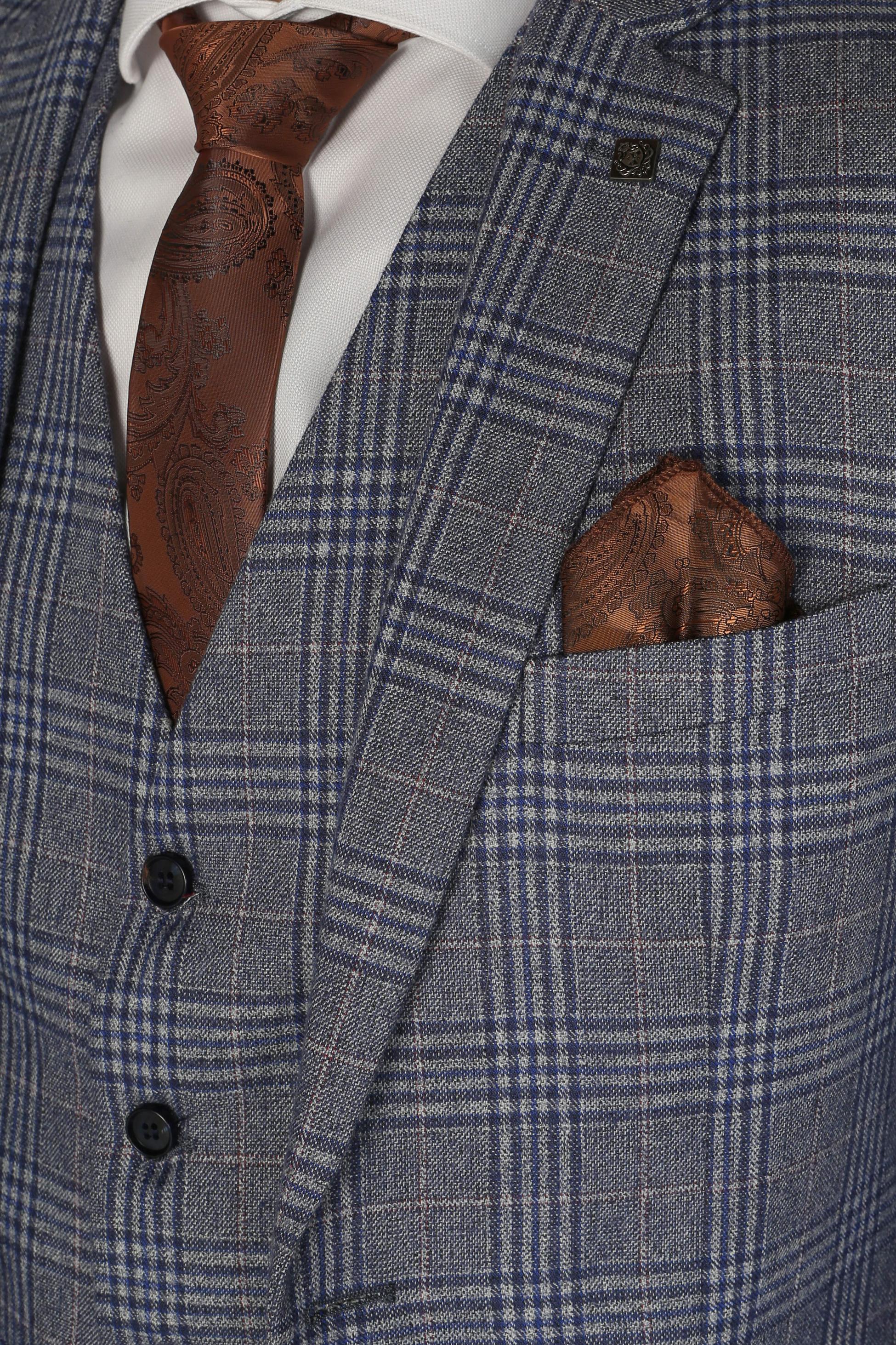 Men's Retro Check Tailored Fit Blue Suit - VICTOR - Blue