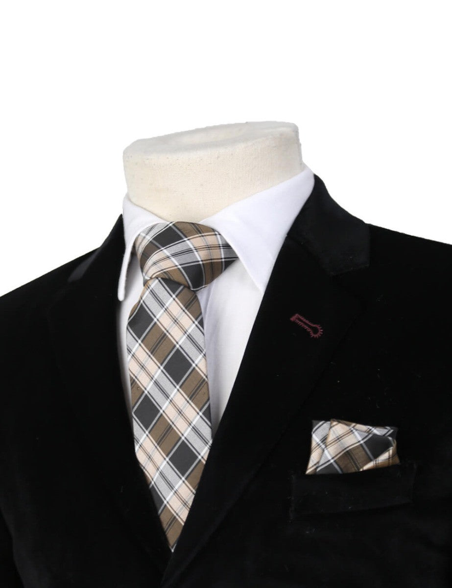 Boys Plaid Checkered Tie & Hankie Set Brown and Beige