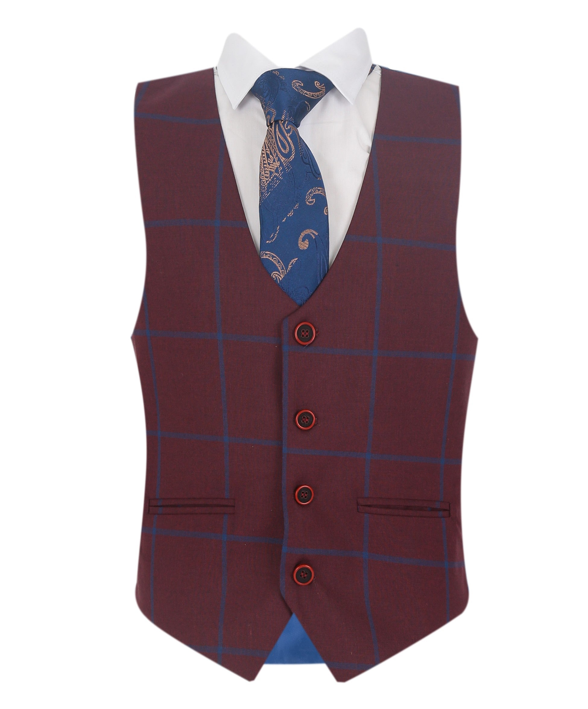 Boys 3 Piece Tailored Fit Windowpane Check Suit - DOMINIC - Burgundy - Blue