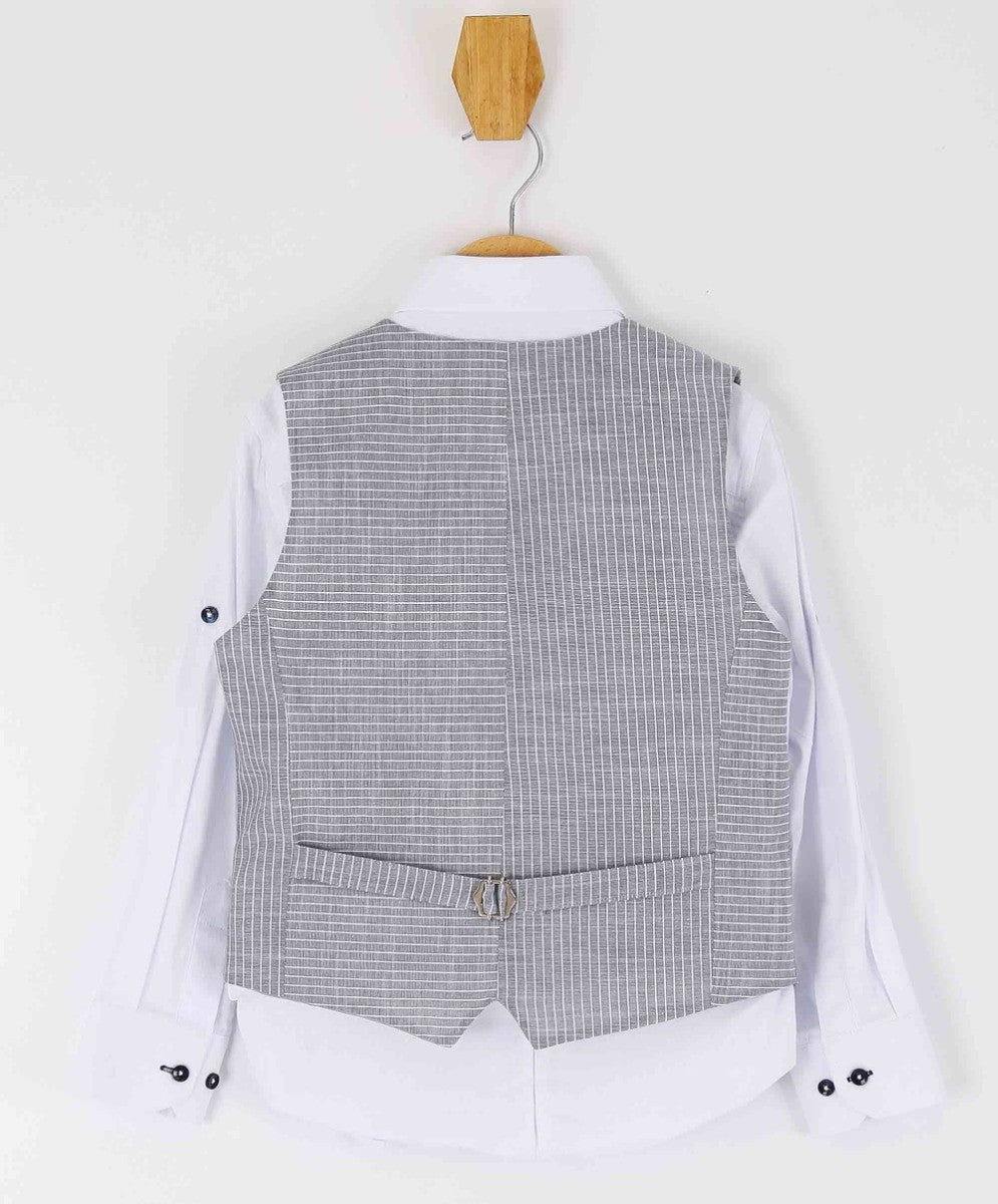 Boys Cotton Linen Pinstrip Waistcoat Suit Set - Grey
