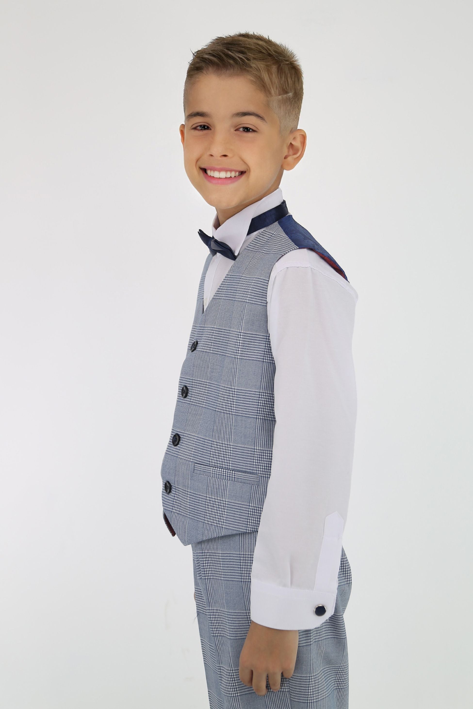 Boys Tailored Fit Tweed Check Suit - MARK - Sky Blue