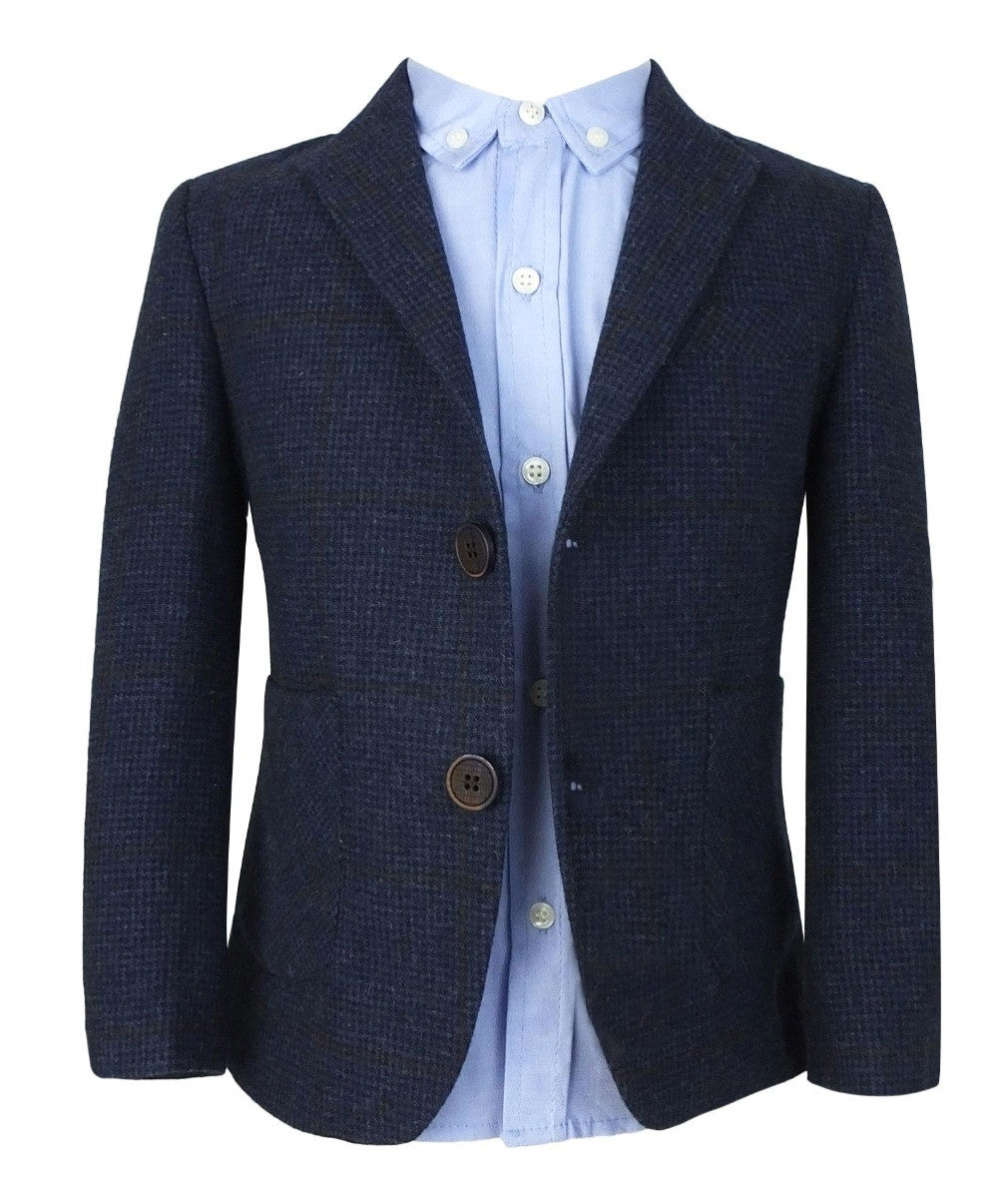 Boys Herringbone Windowpane Wool Suit - Navy Blue
