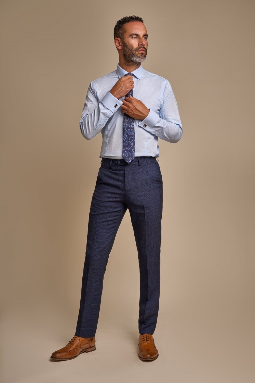 Men's Check Houndstooth Slim Fit Suit - CARIDI - Navy Blue