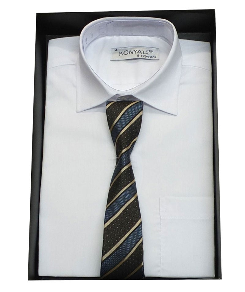 Boys Classic Collar White Shirt & Tie Set Blue - Brown