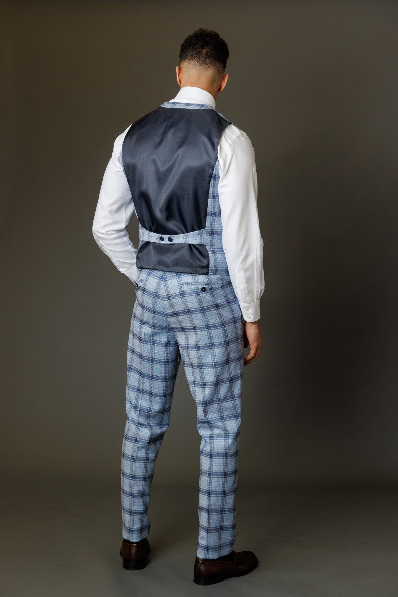 Men's Slim Fit Windowpane Check Blue Suit - BLAKE - Pale Blue
