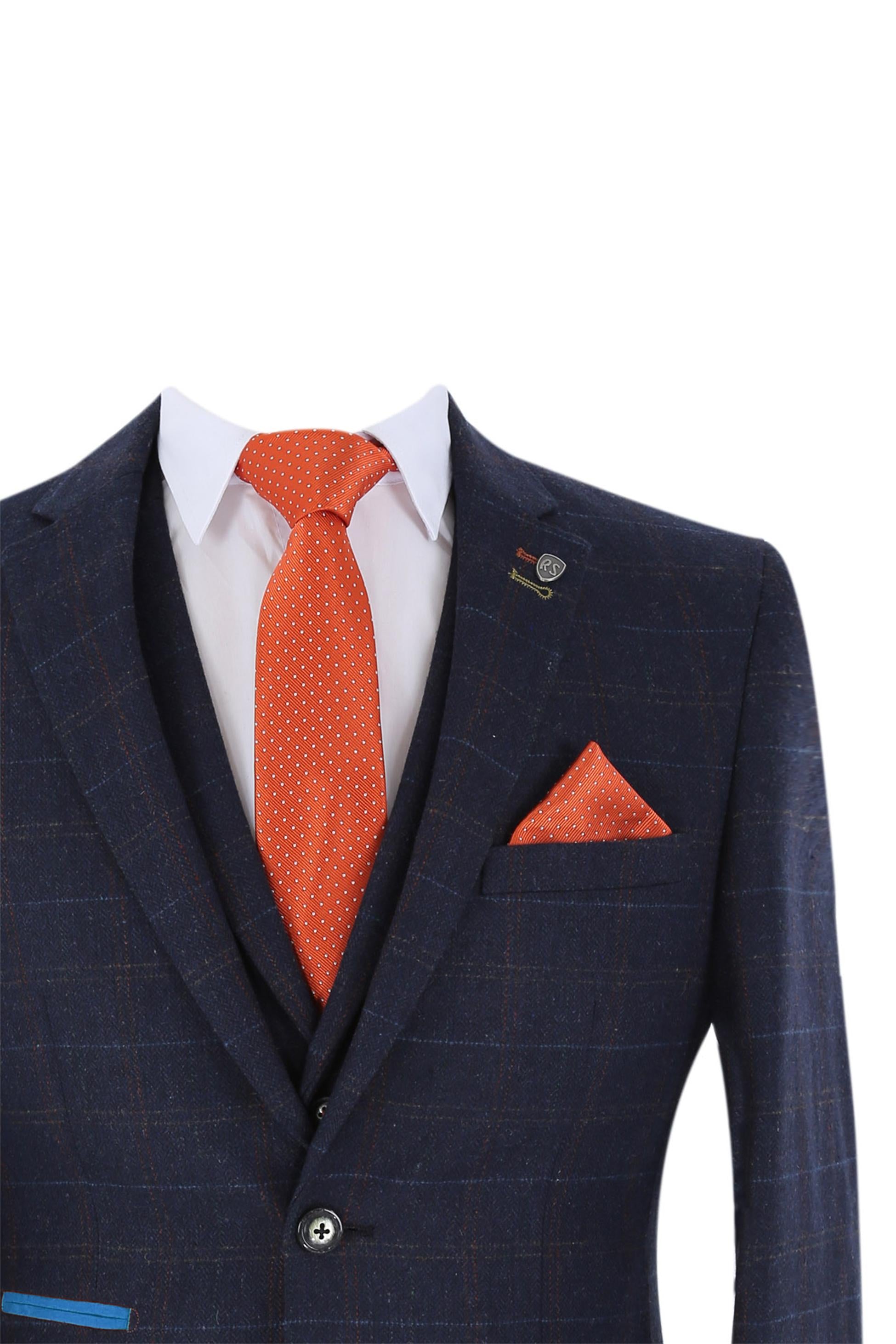 Men's Tweed Windowpane Tailored Fit Navy Suit Jacket - RYAN - Navy Blue