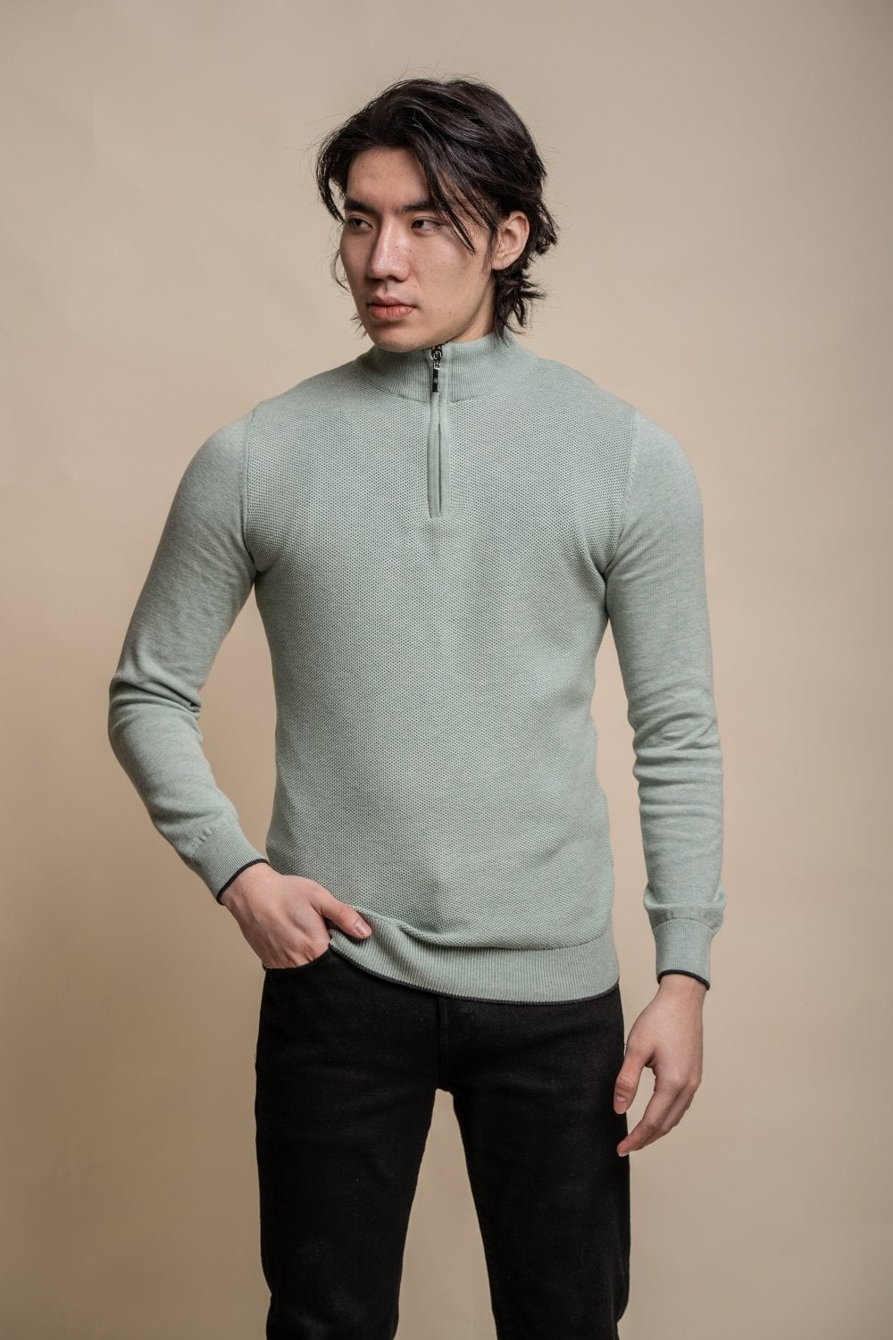 Men's Quarter Zip Knit Cotton Pullover - KYLE - Almond Green