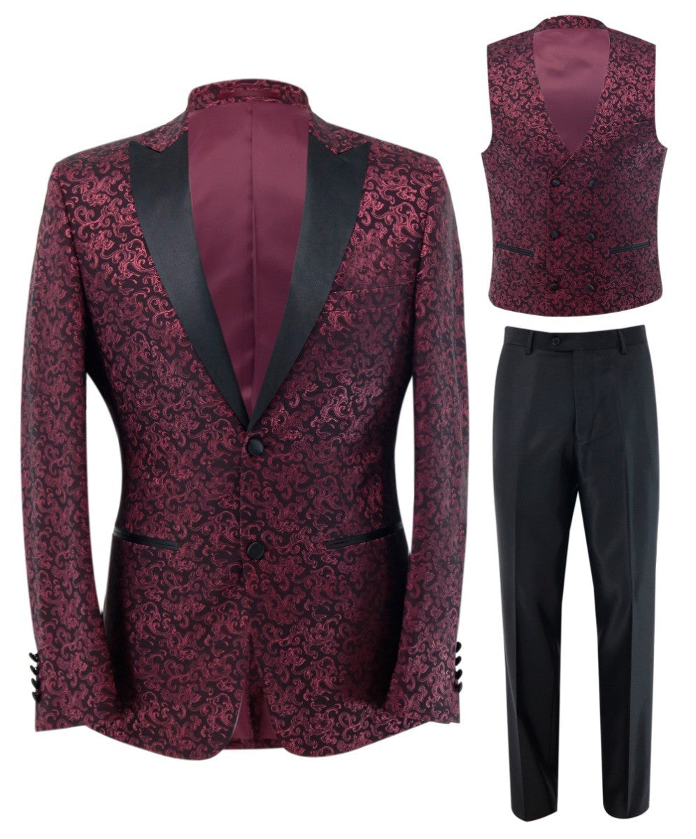 Men's Patterned Shimmer Tuxedo Suit - AARON - Burgundy