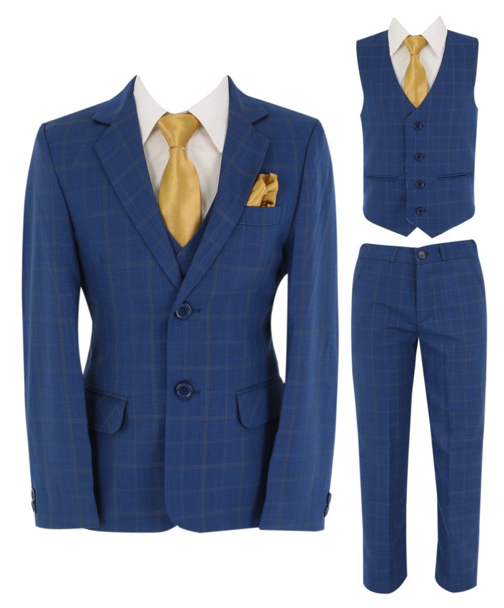 Boys Windowpane Check 6 Piece Suit Set - Navy