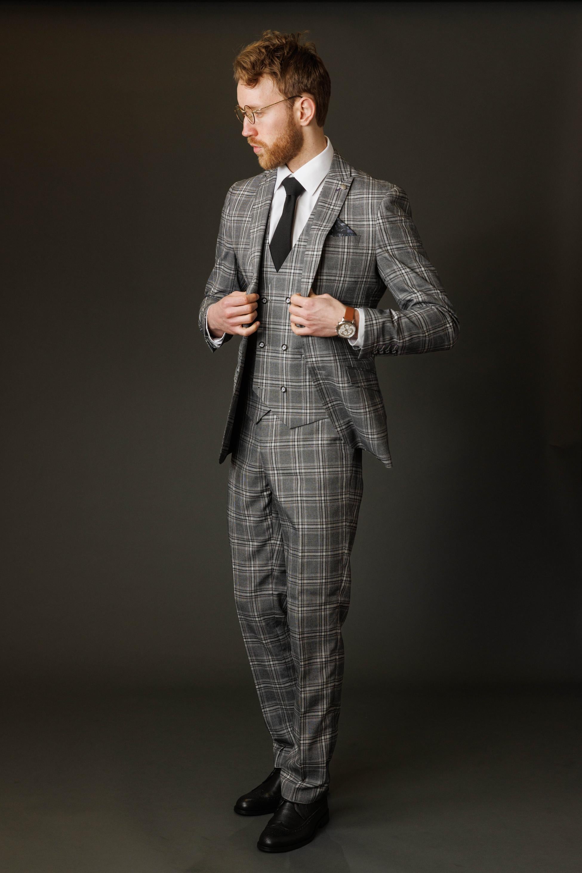 Men's Windowpane Check Slim Fit Suit - BLAKE - Grey